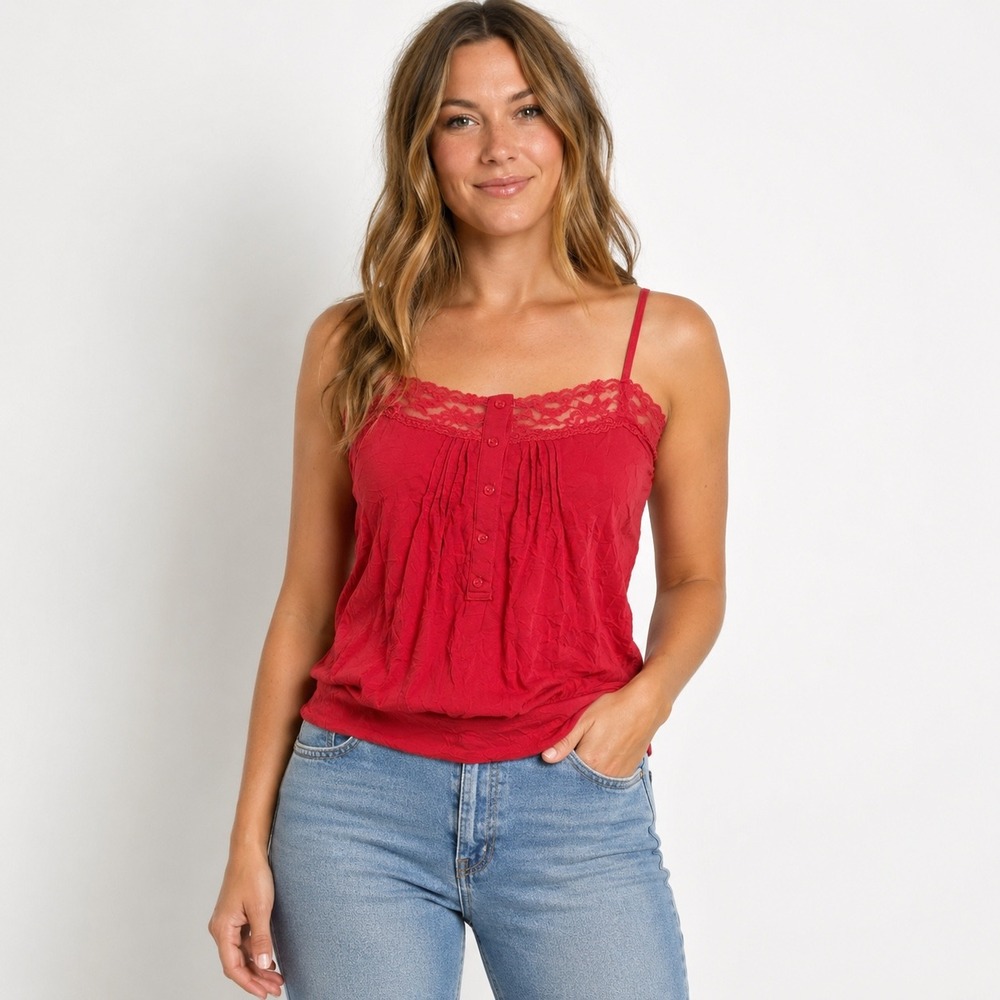 One Step Up Y2K Camisole Large Pink Lace Trim Crinkle Button Front Boho Tank Top